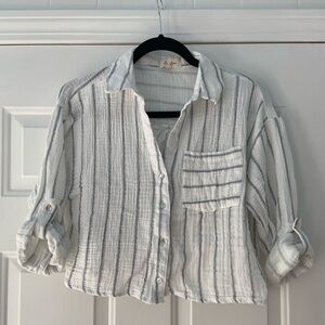 Cropped Boho White Cotton Striped Gauze Top Size Large